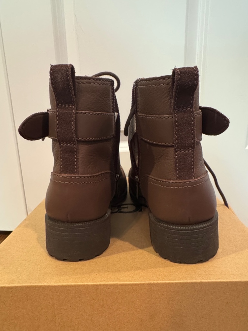 IN BOX—UGG “Jaidyn” Chocolate Brown Leather Lace-Up Zip Ankle Boots with Buckle - Picture 10 of 10